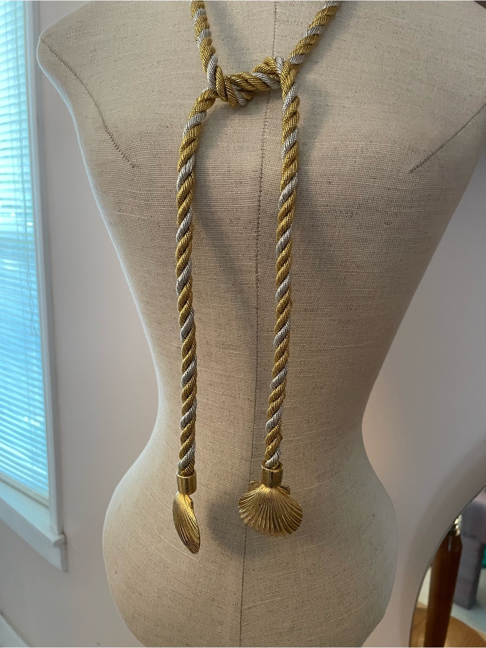 1977 Mimi Di N Gold and Silver Twisted Rope Necklace/Belt with Shell Tassels